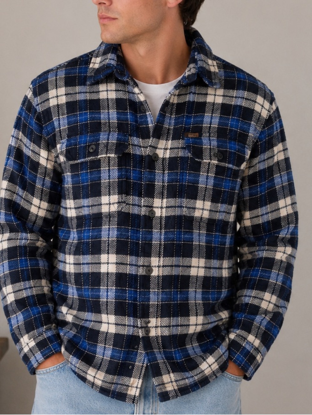 Orvis men's blue and white plaid heavy flannel shirt  shacket 100-% cotton